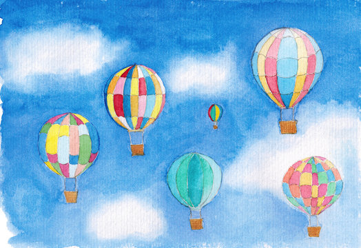 Watercolor Flying balloons on sky art