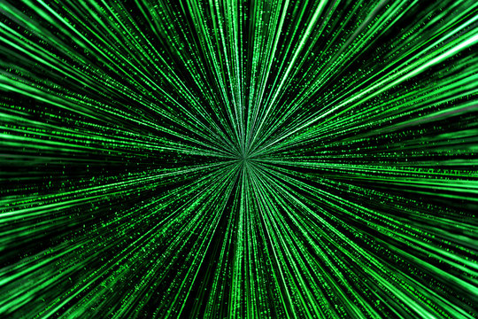 Digital Green Star Burst Matrix Generated In Black Background, Technology Concept