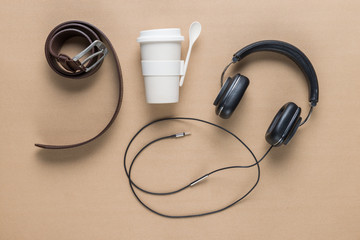 Cup, belt, earphones