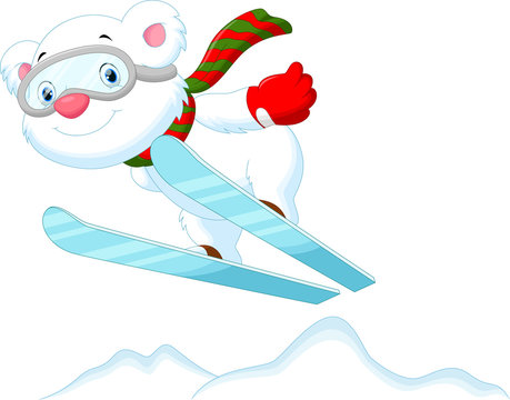 Funny cartoon polar bear on the Ski