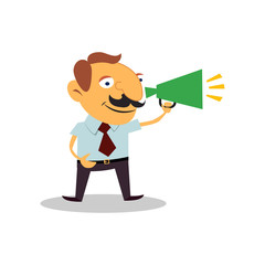 Businessman with a megaphone in his hand. Manager. Spread of information. Announcement.