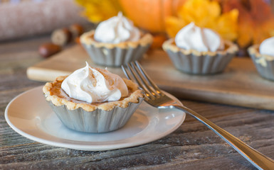 Miniature pumpkin pies displayed on a wood table © amalagna