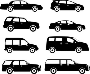 Set of different silhouettes cars isolated on white background. Vector illustration