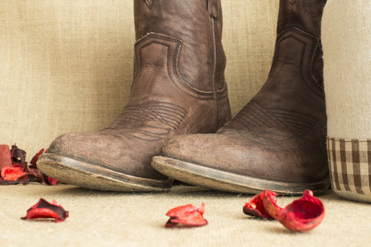 toes of brown cowboy boots in vintage background