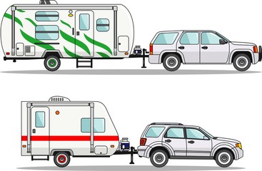 Set of travel trailer caravans on a white background in flat style. Vector illustration
