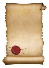 Old parchment or manuscript with red wax seal isolated