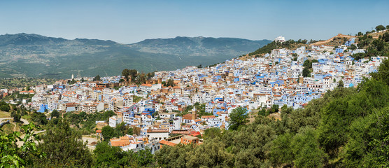 Naklejka premium Panorama from the scenic blue city Chefchaouen in Morocco.