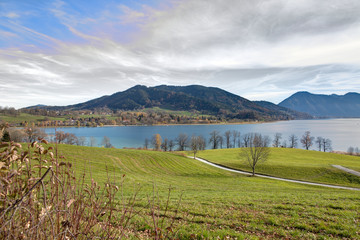 Fototapeta na wymiar Lake and mountains landscape panorama