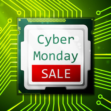 Cyber Monday Sale poster, electronic circuit board with processor