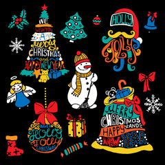 Typographic Printable Christmas and New Year Tree, Santa, Ball, Bag, Gifts. 