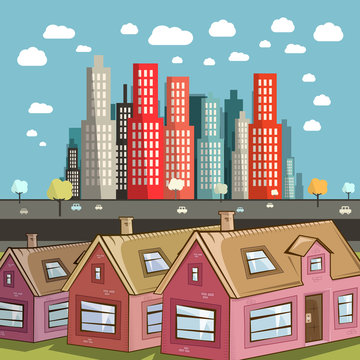 Flat Design City Vector Illustration with Houses