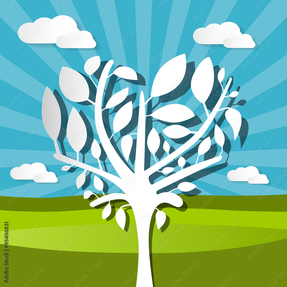 Poster paper tree on field nature background vector
