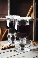 Mulled wine on the wooden table