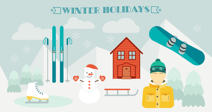 Winter holidays. Winter sport. Ski resort.  Icons in the flat design. Horizontal banner and background. Vector