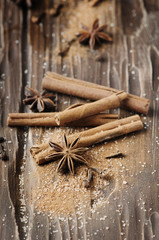 Spices cinnamon and anise on the wooden table