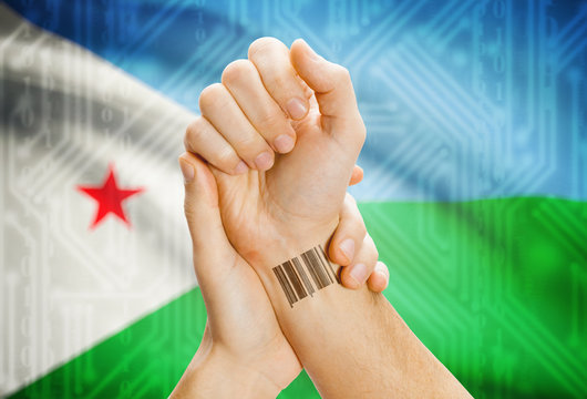 Barcode ID number on wrist and national flag on background - Djibouti