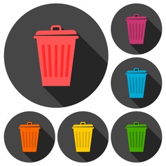 Bin icons set with long shadow