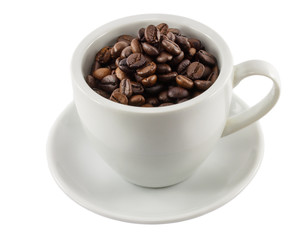 cup with coffee beans isolated on white background