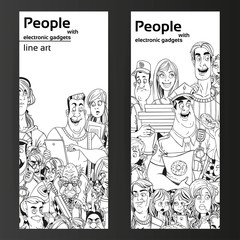 People with electronic gadgets line art on two vertical banners