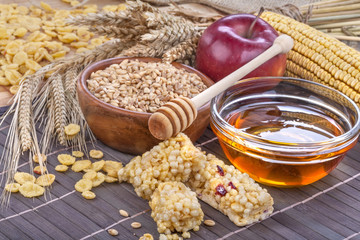 A fruit and nut ceral protein bars with honey and cornflakes