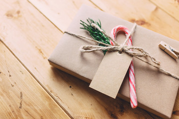 Christmas gifts on rustic background