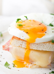 Croque madame, egg, ham, cheese sandwich. Traditional French cuisine. 