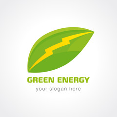 Green energy company. Eco energy icon symbol of a green leaf and lightning