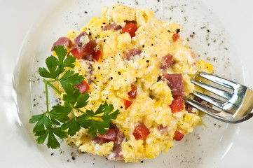Salami and Egg Tart in Polenta Crust on white plate with fork and parsley