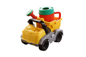 Plastic watering can in the back of a toy car.