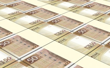 Macanese pataca bills stacked background. Computer generated 3D photo rendering.