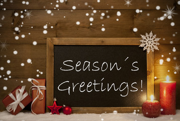 Fototapeta na wymiar Christmas Card, Blackboard, Snowflakes, Seasons Greetings