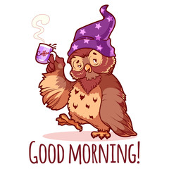Woken owl in the nightcap with a cup of coffee.