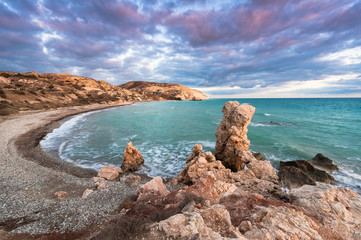 Petra tou Romiou, the birthplace of Aphrodite. Winter evening. Paphos. Cyprus.