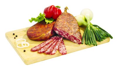 Still life - sausage on the board isolated