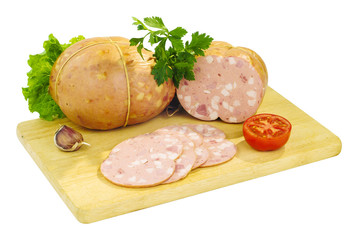 Still life - sausage on the board isolated