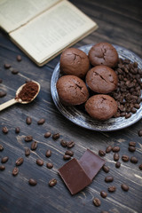 coffee chocolate muffins on a plate on a table with a book and a spoon