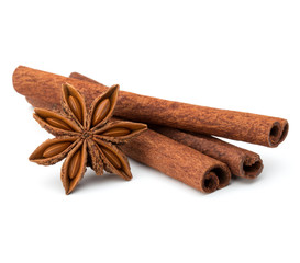 cinnamon stick and star anise spice isolated on white background