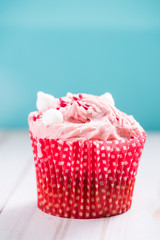 Pink cupcake on blue background