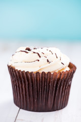 Single cupcake on blue background