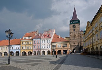Square with historic houses and Valdicka gate in Jicin, Cesky Raj, Czech republic