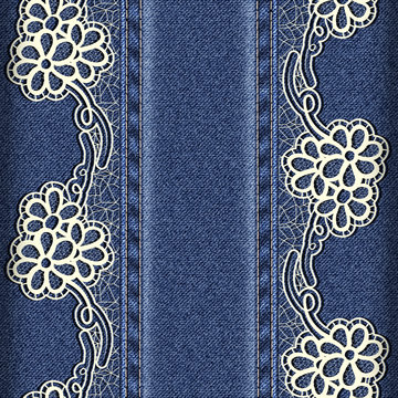 Denim and lace. Background with lace ribbons sewn vertically.