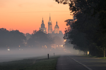 Fototapeta Tree alley along Blonia meadow in Krakow, Poland, with St Mary's church and Town Hall towers in the background, foggy morning  obraz