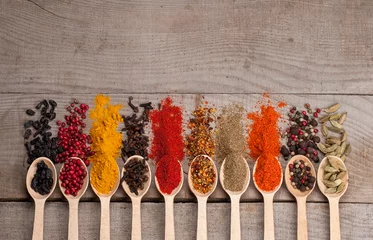Keuken spatwand met foto Collection of spices on spoons, on wooden background © droonny