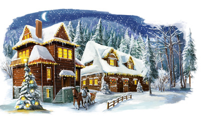 Christmas winter happy scene with wooden house in the mountains - forest - illustration for the children