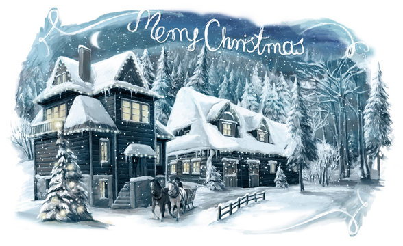 Christmas winter happy scene with wooden house in the mountains - forest - illustration for the children