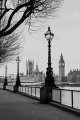 RETRO VINTAGE PHOTO FILTER EFFECT: Lamp on South Bank of River Thames with Big Ben and Palace of Westminster in Background, London, England, UK