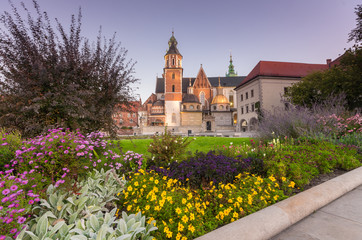 Morning view of the Wawel cathedral and Wawel castle over flowery garden on the Wawel Hill, Krakow, Poland.