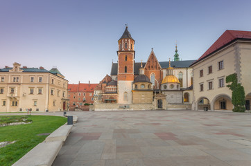 Fototapeta na wymiar Morning view of the Wawel cathedral and Wawel castle on the Wawel Hill, Krakow, Poland.