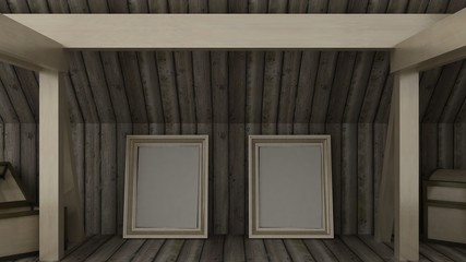 Obraz na płótnie Canvas Empty picture frame in chest on the loft with wooden wall and wooden floor. Classic wooden roof construction with columns and beams. Copy space image. 3d render