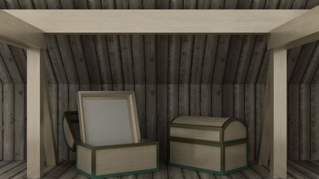 Empty picture frame in chest on the loft with wooden wall and wooden floor. Classic wooden roof construction with columns and beams. Copy space image. 3d render